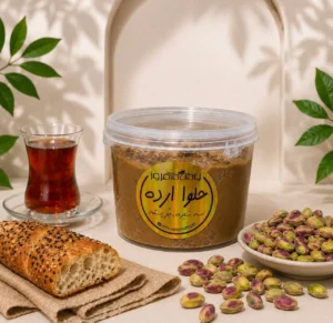 حلوا ارده سه شیره پر پسته با شیره انگور خرما و توت