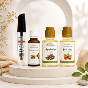 پک تقویت ابرو و مژه شامل ژل لیفت ابرو، روغن کرچک، روغن ماکادمیا و روغن فندق