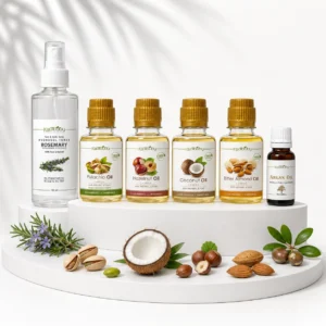 پک ترمیم ساقه مو شامل روغن فندق، نارگیل، بادام تلخ، آرگان، تونر رزماری و روغن پسته