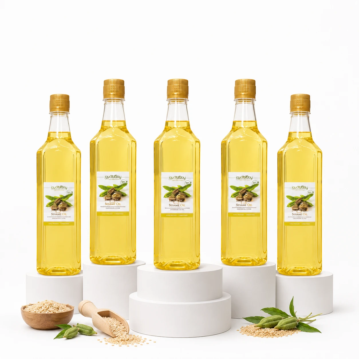 پک ۵ تایی روغن کنجد خالص یک لیتری امروز شاپ روی سکوی سفید