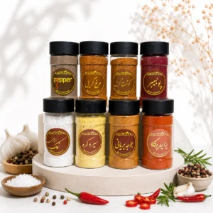 پک ادویه گریل و کباب شامل ادویه گوشت گریل، ادویه مرغ گریل، پولبیبر، ادویه سیر و کره، پاپریکا، نمک دریا، ادویه جوجه بریونی و پودر فلفل سه رنگ