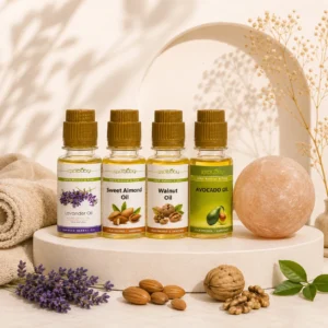 پک ماساژ شامل روغن لوندر، روغن بادام شیرین، روغن گردو، روغن آووکادو و گوی نمک طبیعی