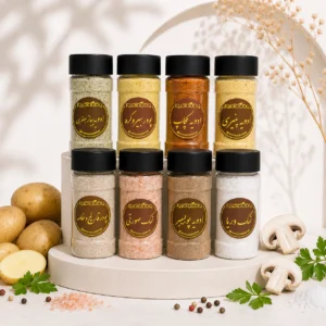 پک ادویه سیب زمینی شامل ادویه پیاز و جعفری، پودر سیر و کره، ادویه کچاپ، ادویه پنیری، پودر قارچ و خامه، نمک صورتی، پولبیبر و نمک دریایی